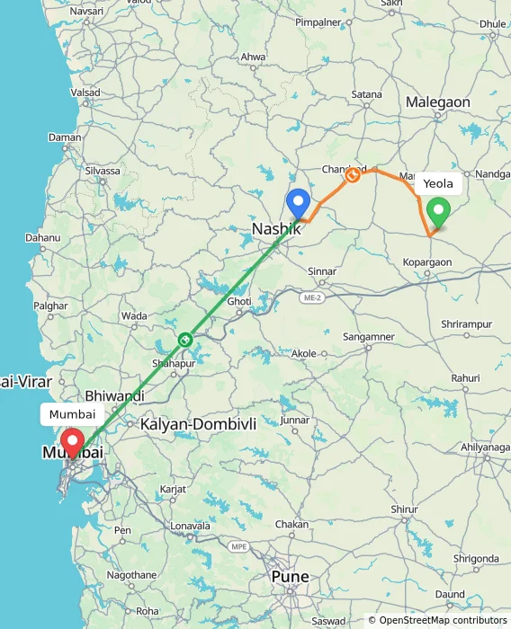 Route map showing distance and travel time from Yeola, India to Mumbai, India