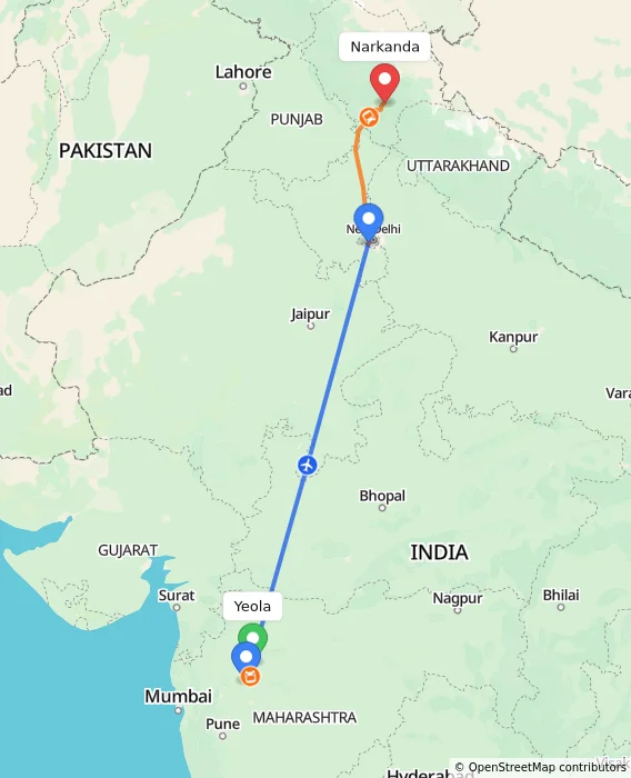 Route map showing distance and travel time from Yeola, India to Narkanda, India