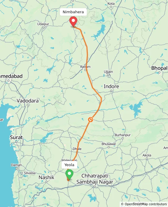 Route map showing distance and travel time from Yeola, India to Nimbahera, India