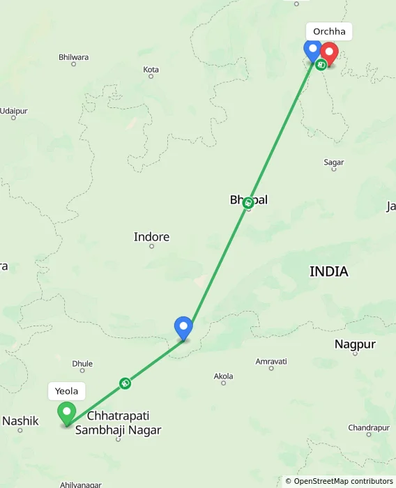 Route map showing distance and travel time from Yeola, India to Orchha, India