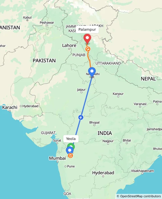 Route map showing distance and travel time from Yeola, India to Palampur, India