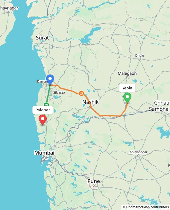 Route map showing distance and travel time from Yeola, India to Palghar, India
