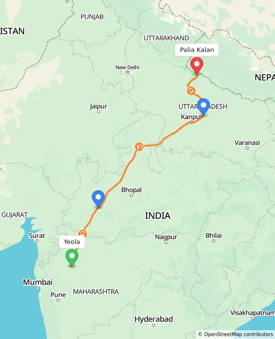 Route map showing distance and travel time from Yeola, India to Palia Kalan, India