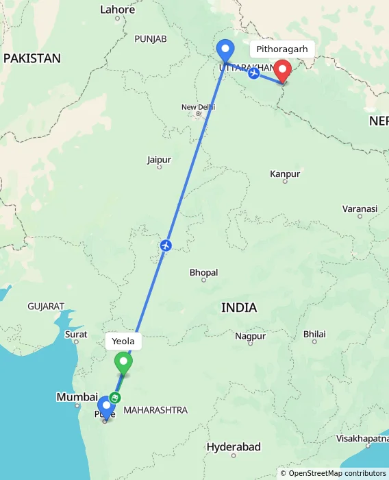 Route map showing distance and travel time from Yeola, India to Pithoragarh, India
