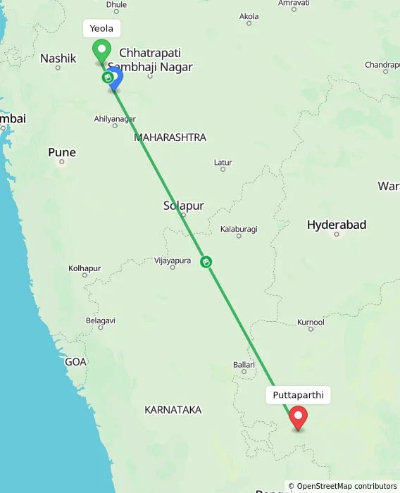 Route map showing distance and travel time from Yeola, India to Puttaparthi, India