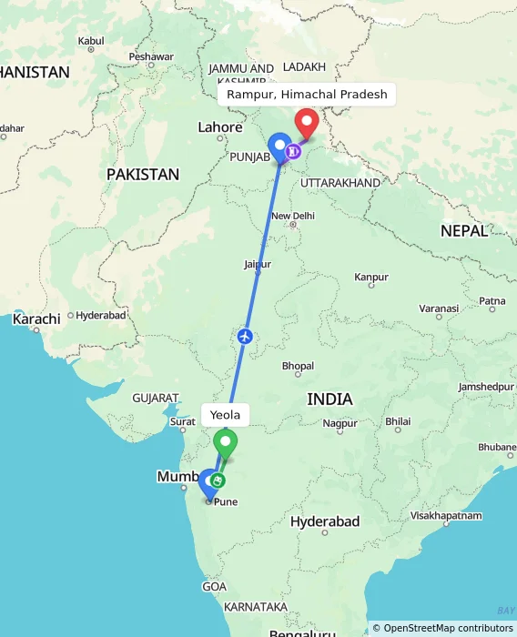 Route map showing distance and travel time from Yeola, India to Rampur, Himachal Pradesh, India