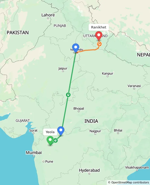 Route map showing distance and travel time from Yeola, India to Ranikhet, India
