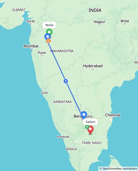 Route map showing distance and travel time from Yeola, India to Salem, India