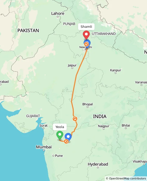 Route map showing distance and travel time from Yeola, India to Shamli, India