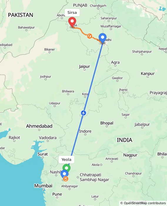 Route map showing distance and travel time from Yeola, India to Sirsa, India