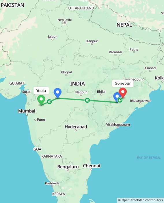 Route map showing distance and travel time from Yeola, India to Sonepur, India