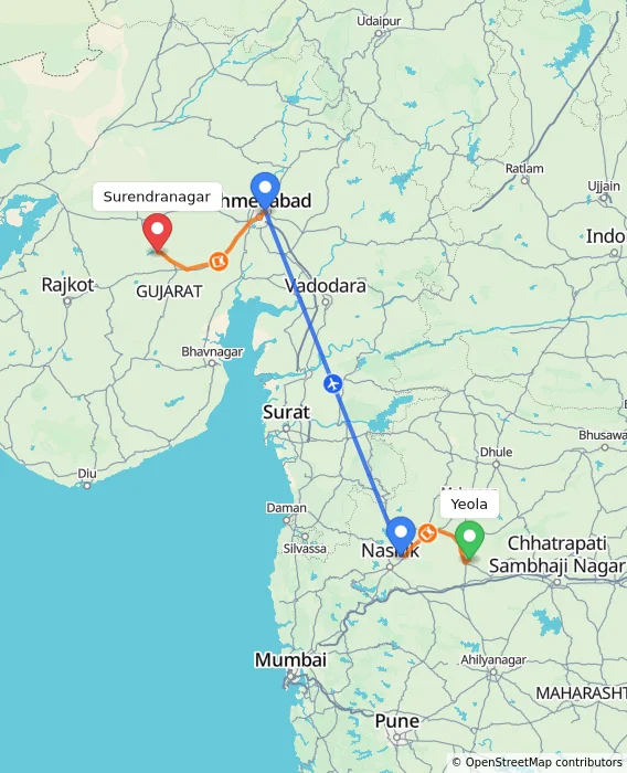 Route map showing distance and travel time from Yeola, India to Surendranagar, India