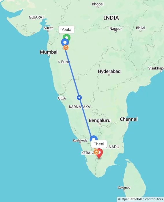 Route map showing distance and travel time from Yeola, India to Theni, India