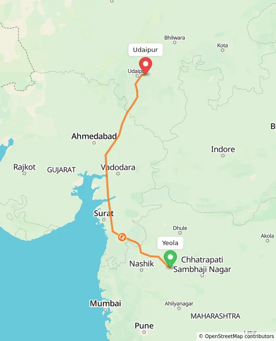 Route map showing distance and travel time from Yeola, India to Udaipur, India