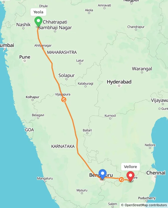 Route map showing distance and travel time from Yeola, India to Vellore, India
