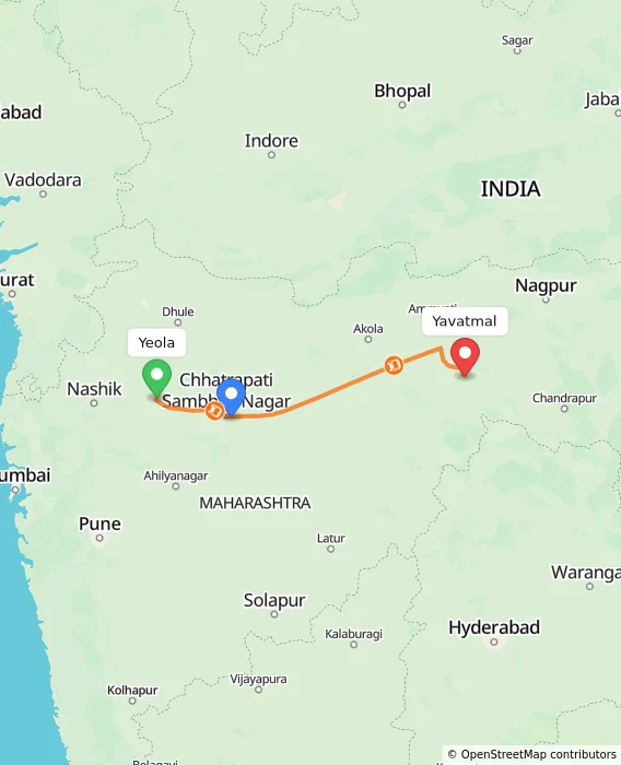 Route map showing distance and travel time from Yeola, India to Yavatmal, India