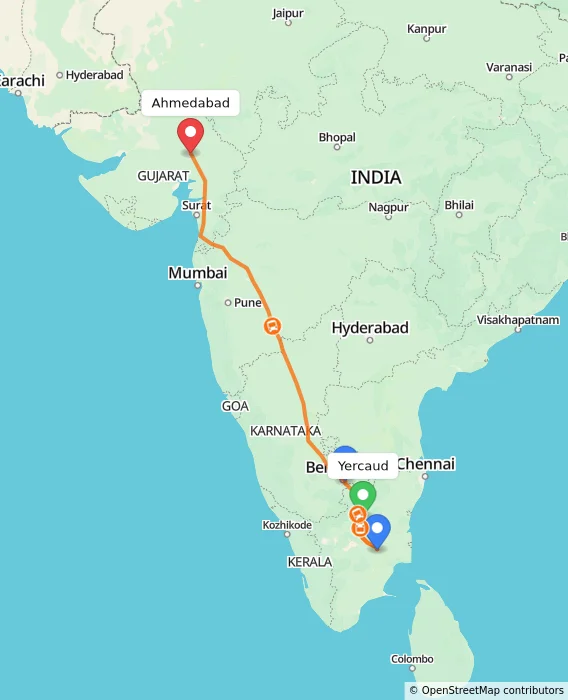 Route map showing distance and travel time from Yercaud, India to Ahmedabad, India
