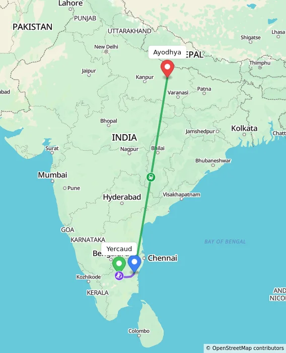 Route map showing distance and travel time from Yercaud, India to Ayodhya, India