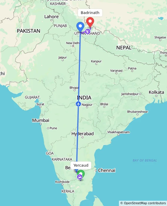 Route map showing distance and travel time from Yercaud, India to Badrinath, India