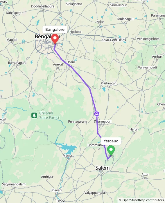 Route map showing distance and travel time from Yercaud, India to Bangalore, India