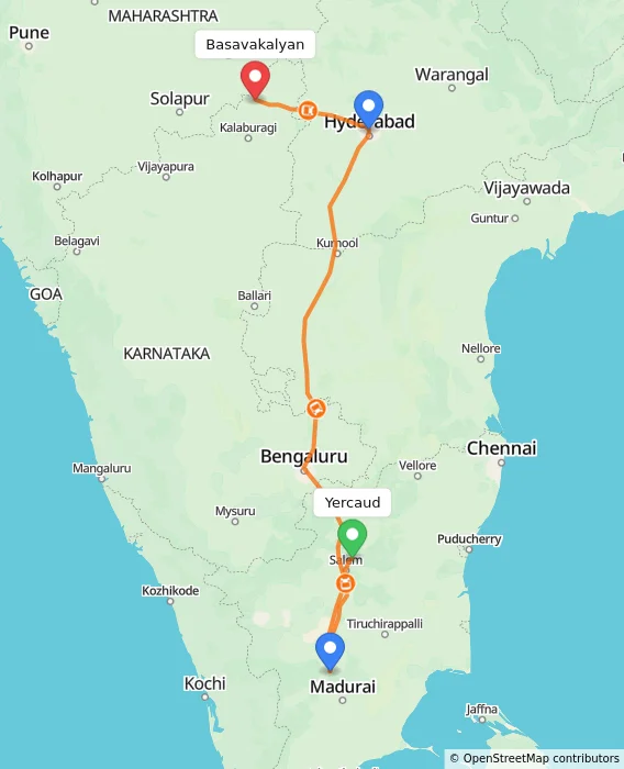 Route map showing distance and travel time from Yercaud, India to Basavakalyan, India