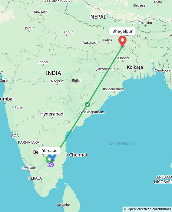 Route map showing distance and travel time from Yercaud, India to Bhagalpur, India