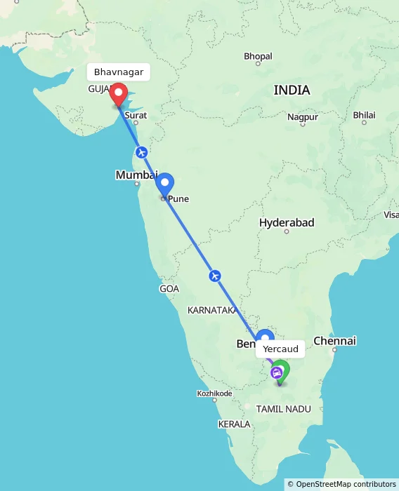 Route map showing distance and travel time from Yercaud, India to Bhavnagar, India