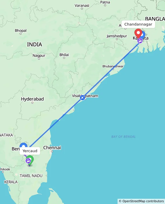 Route map showing distance and travel time from Yercaud, India to Chandannagar, India