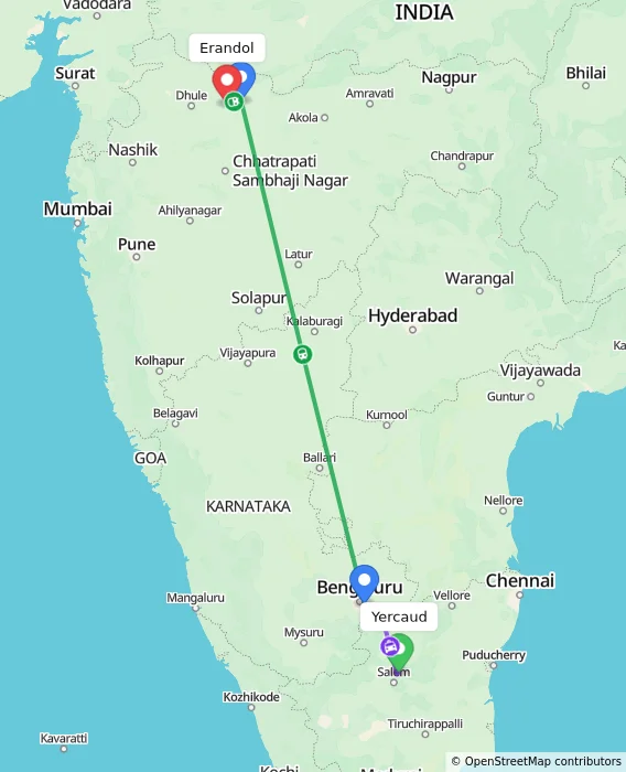 Route map showing distance and travel time from Yercaud, India to Erandol, India