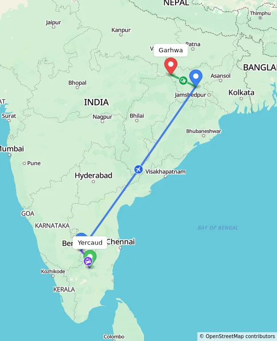 Route map showing distance and travel time from Yercaud, India to Garhwa, India