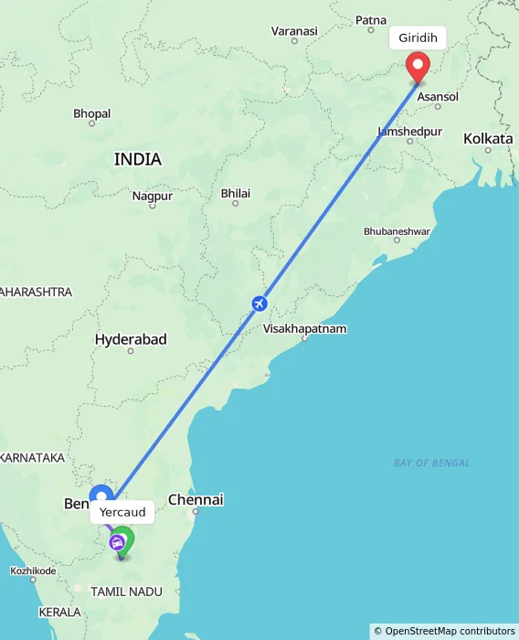 Route map showing distance and travel time from Yercaud, India to Giridih, India