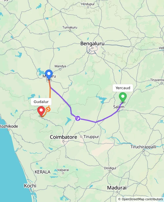 Route map showing distance and travel time from Yercaud, India to Gudalur, India