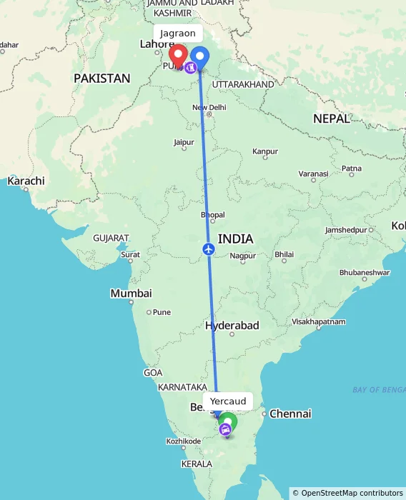Route map showing distance and travel time from Yercaud, India to Jagraon, India