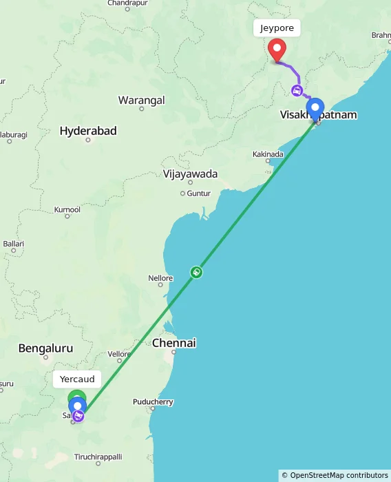 Route map showing distance and travel time from Yercaud, India to Jeypore, India