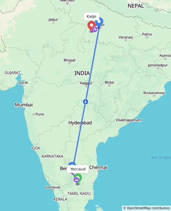 Route map showing distance and travel time from Yercaud, India to Kalpi, India