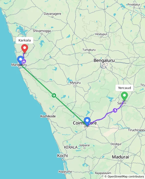 Route map showing distance and travel time from Yercaud, India to Karkala, India