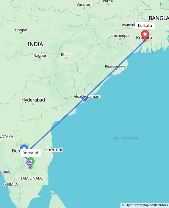 Route map showing distance and travel time from Yercaud, India to Kolkata, India