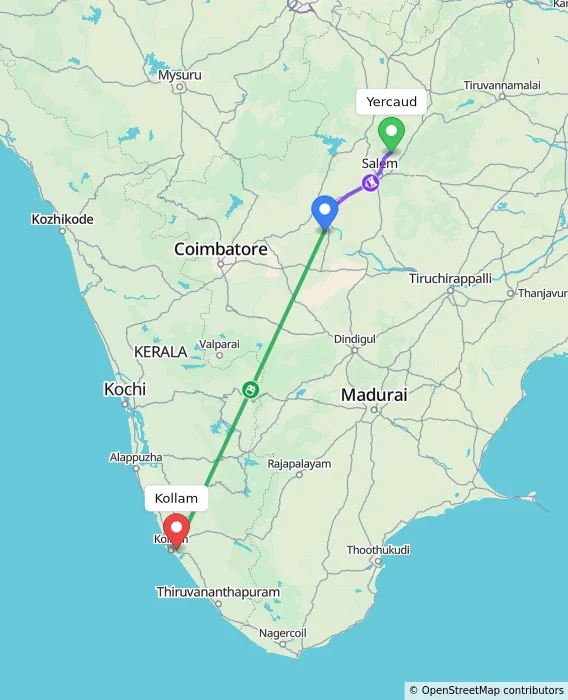 Route map showing distance and travel time from Yercaud, India to Kollam, India