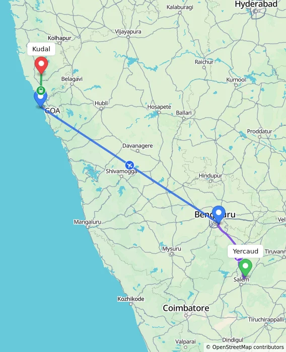 Route map showing distance and travel time from Yercaud, India to Kudal, India