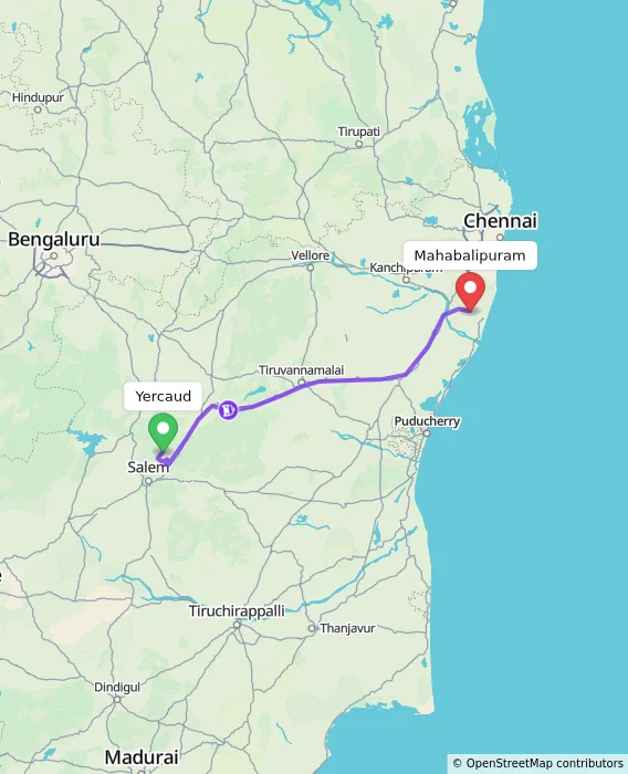 Route map showing distance and travel time from Yercaud, India to Mahabalipuram, India