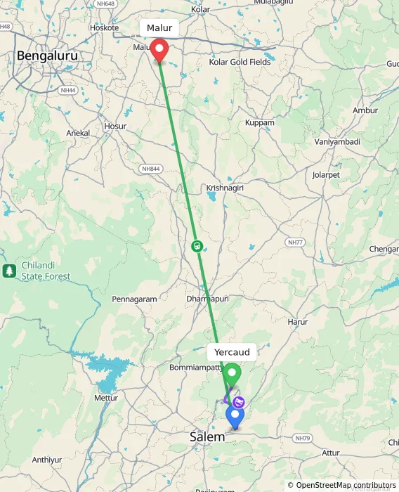 Route map showing distance and travel time from Yercaud, India to Malur, India