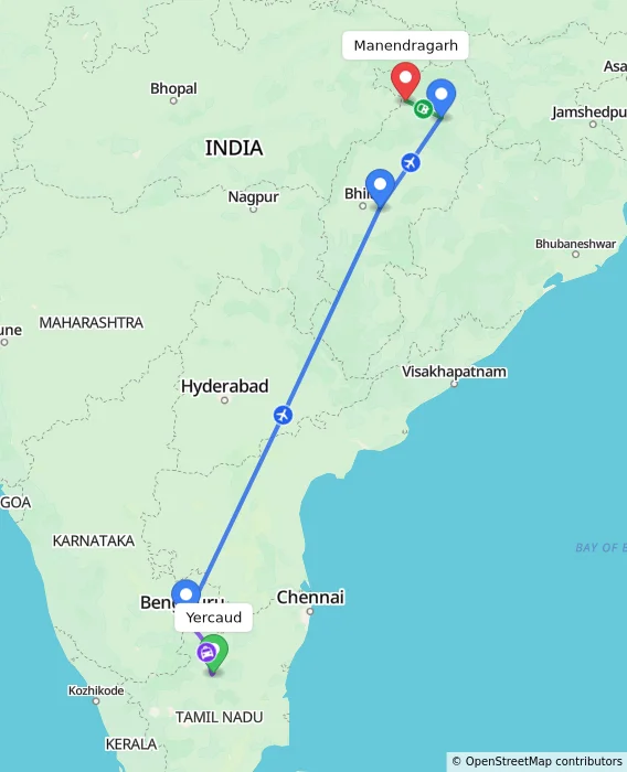 Route map showing distance and travel time from Yercaud, India to Manendragarh, India