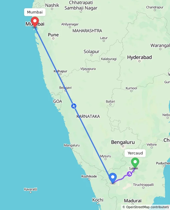 Route map showing distance and travel time from Yercaud, India to Mumbai, India