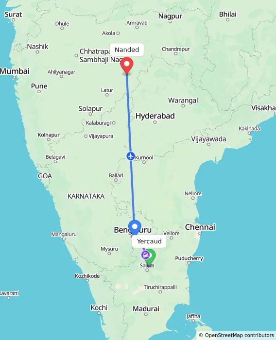 Route map showing distance and travel time from Yercaud, India to Nanded, India