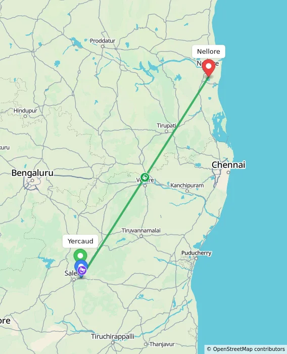 Route map showing distance and travel time from Yercaud, India to Nellore, India