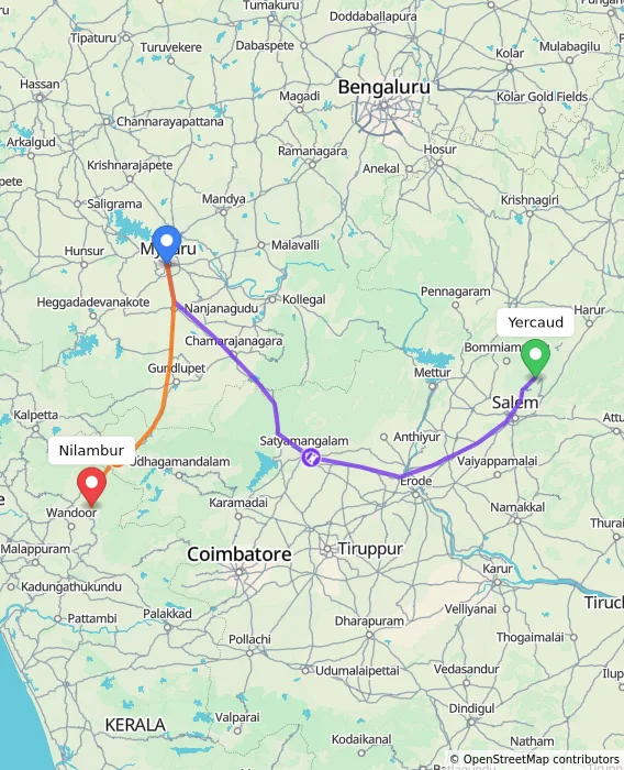 Route map showing distance and travel time from Yercaud, India to Nilambur, India