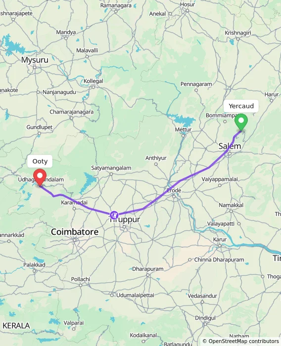Route map showing distance and travel time from Yercaud, India to Ooty, India