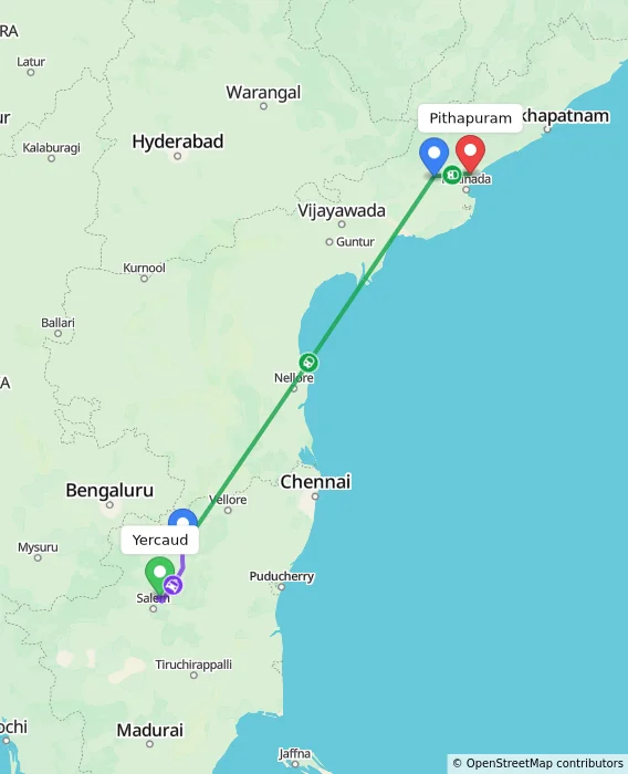 Route map showing distance and travel time from Yercaud, India to Pithapuram, India