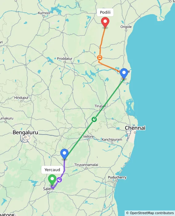 Route map showing distance and travel time from Yercaud, India to Podili, India