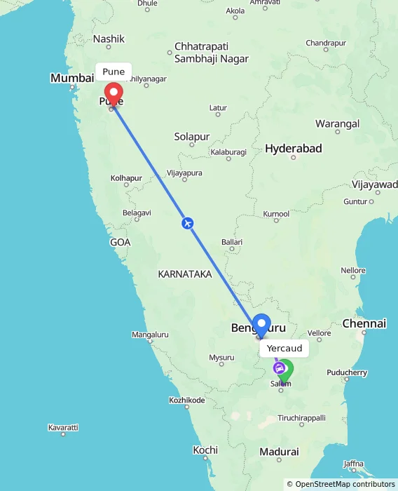Route map showing distance and travel time from Yercaud, India to Pune, India